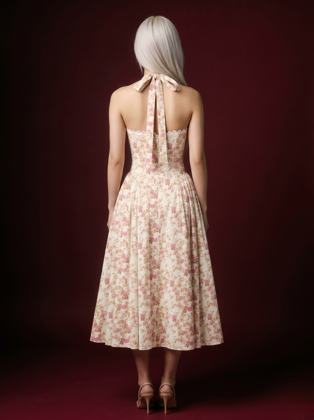 Cream Pink Rose Floral Halter Corset Lace-Trim Midi Dress