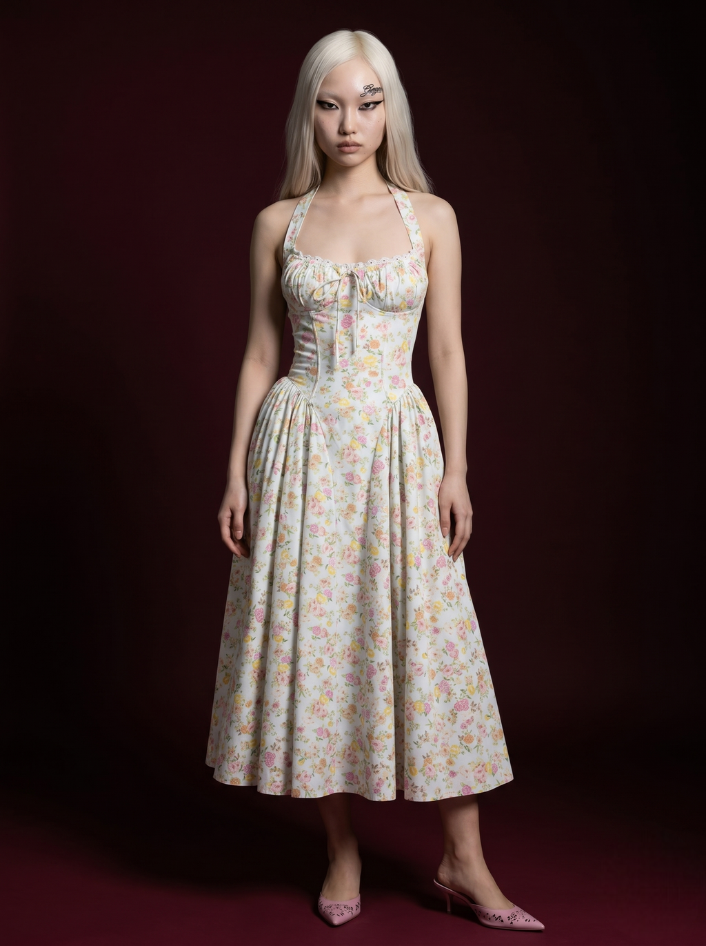 White Pastel Mixed Floral Halter Corset Lace-Trim Midi Dress