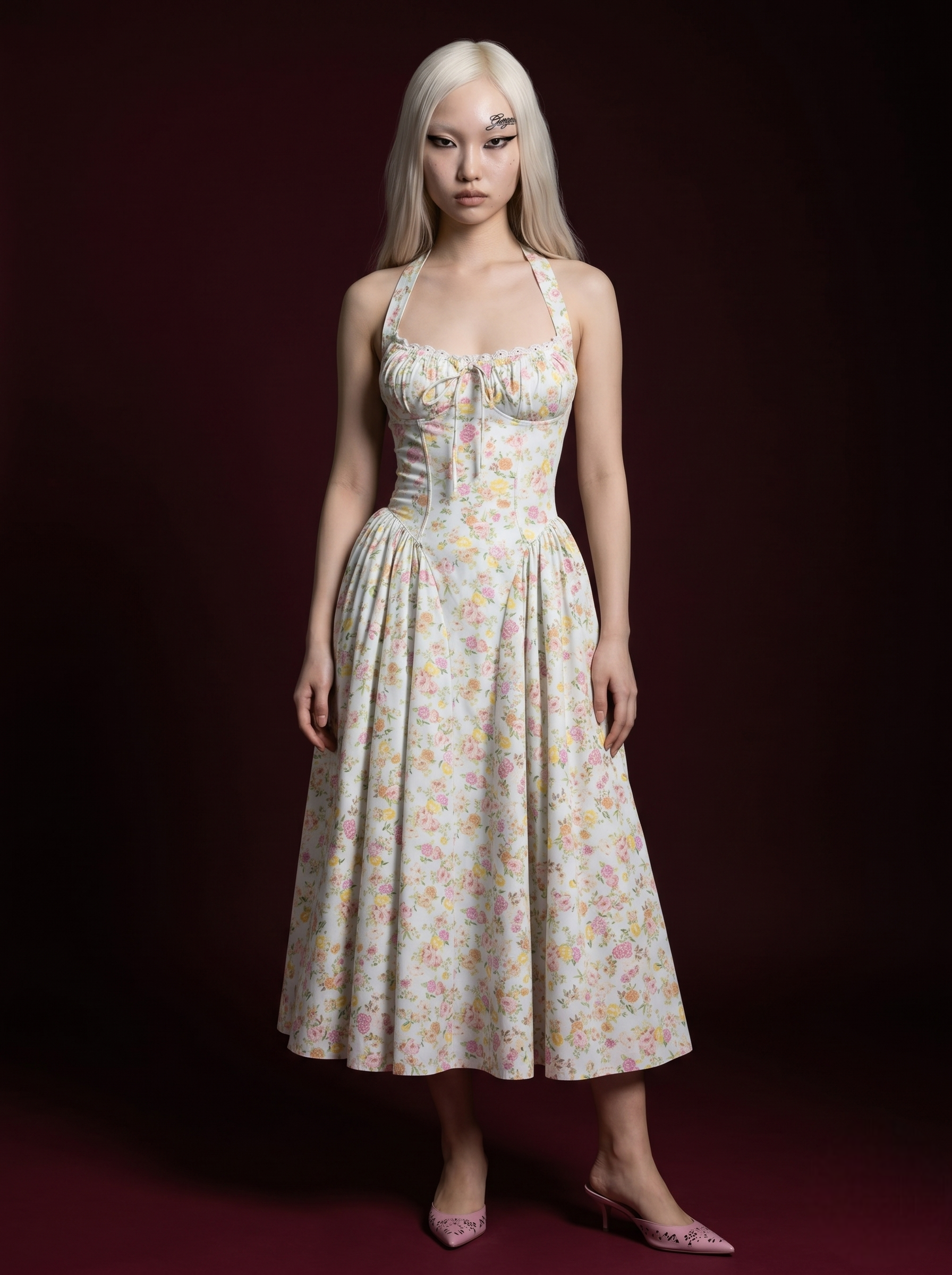 White Pastel Mixed Floral Halter Corset Lace-Trim Midi Dress