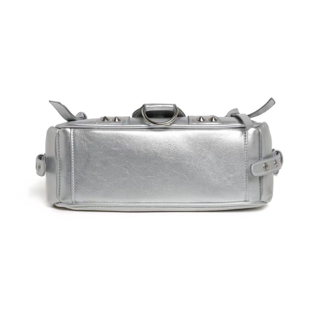 Silver Metallic Moto Biker Shoulder Bag with Multi-Zip & Stud Detail