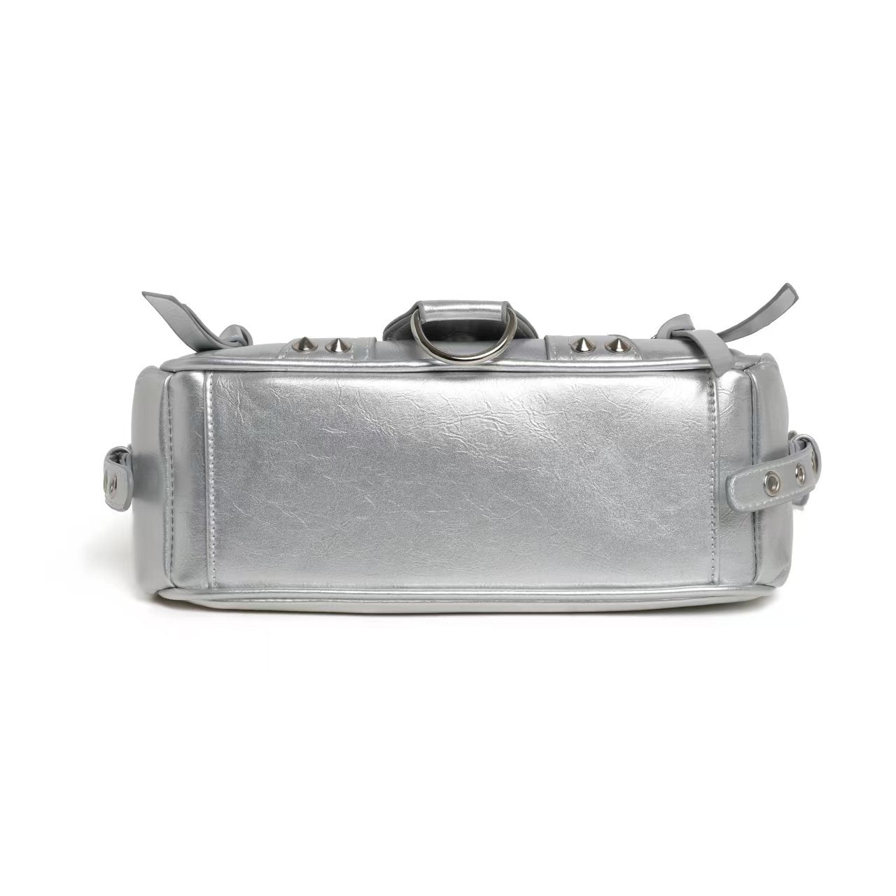 Silver Metallic Moto Biker Shoulder Bag with Multi-Zip & Stud Detail