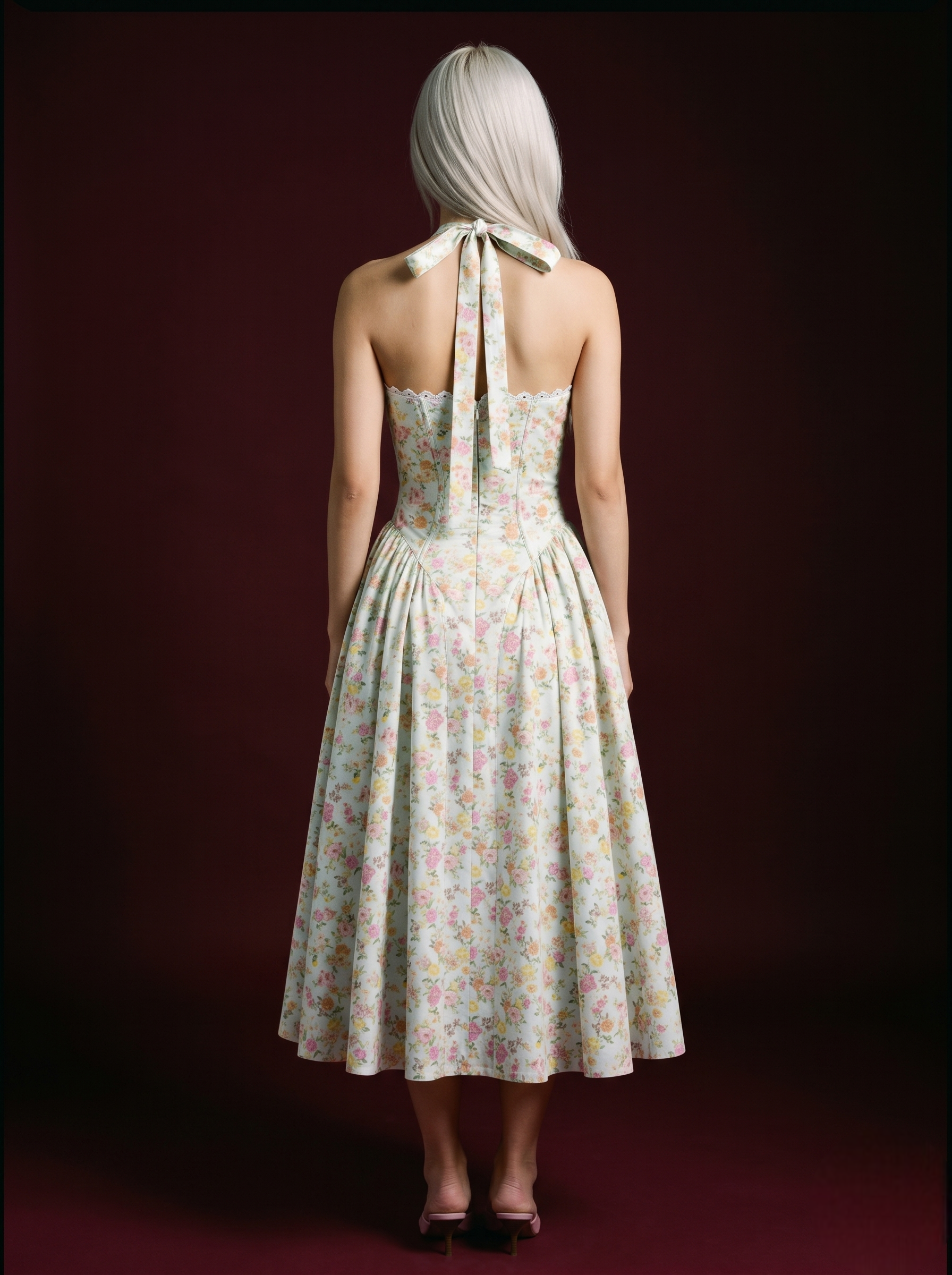 White Pastel Mixed Floral Halter Corset Lace-Trim Midi Dress