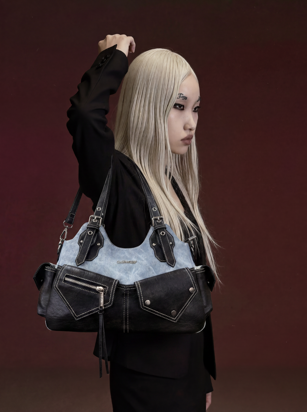 Light Blue Denim & Black Leather Shoulder Bag with White Contrast Stitching