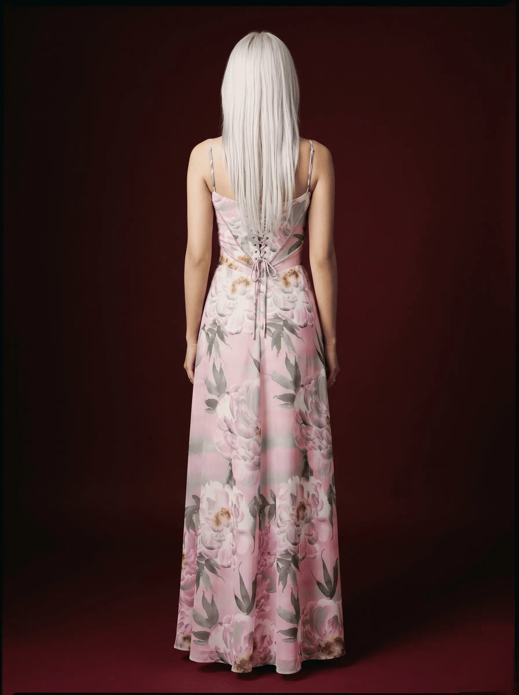 Pink Large Peony Print Rhinestone Seam Spaghetti Strap Corset Maxi Dress