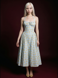 Baby Blue Yellow Floral Halter Corset Lace-Trim Midi Dress