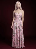 Pink Large Peony Print Rhinestone Seam Spaghetti Strap Corset Maxi Dress