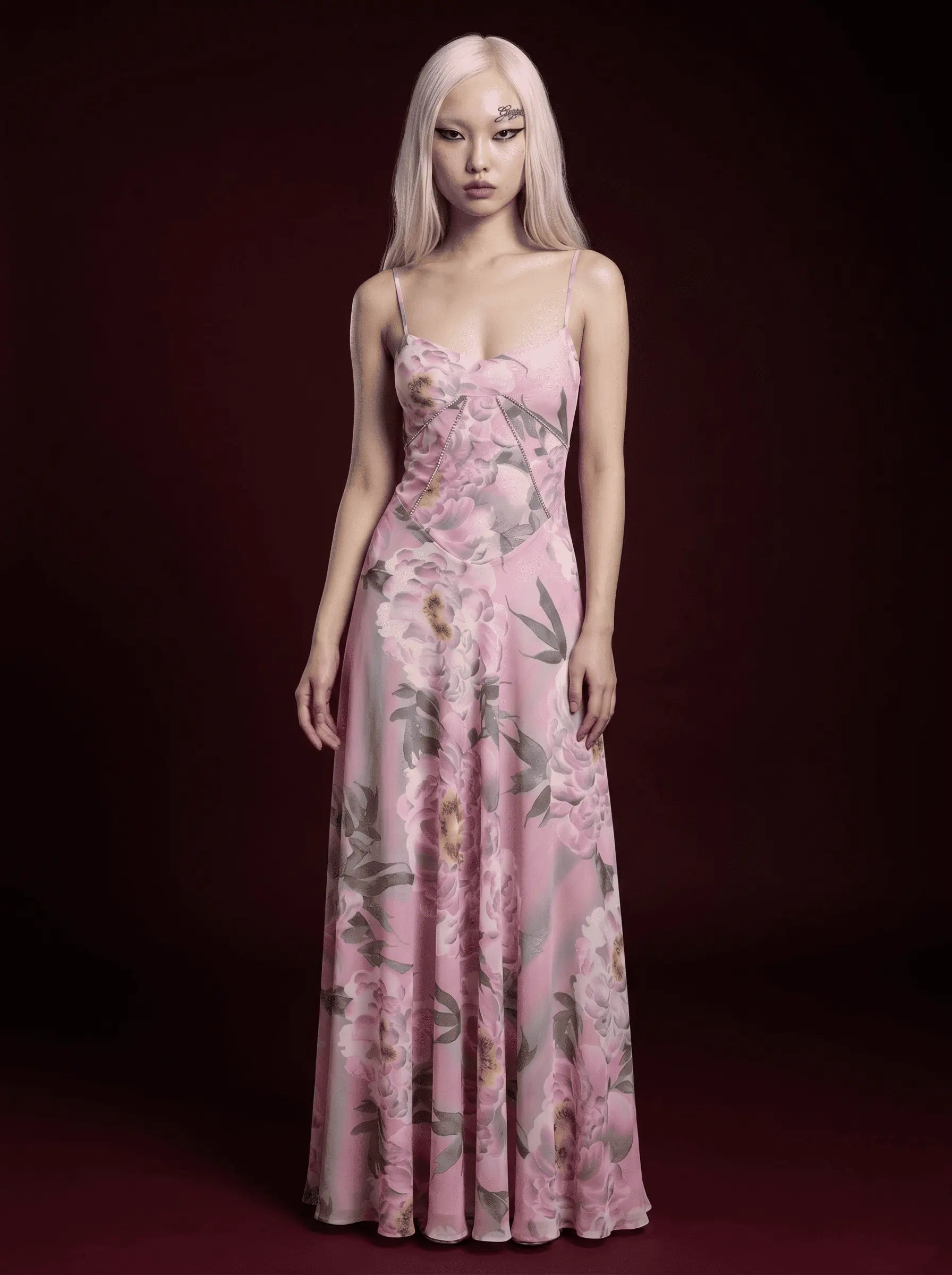 Pink Large Peony Print Rhinestone Seam Spaghetti Strap Corset Maxi Dress