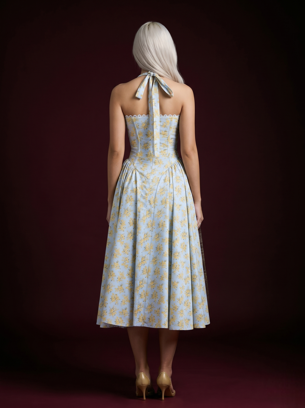 Baby Blue Yellow Floral Halter Corset Lace-Trim Midi Dress