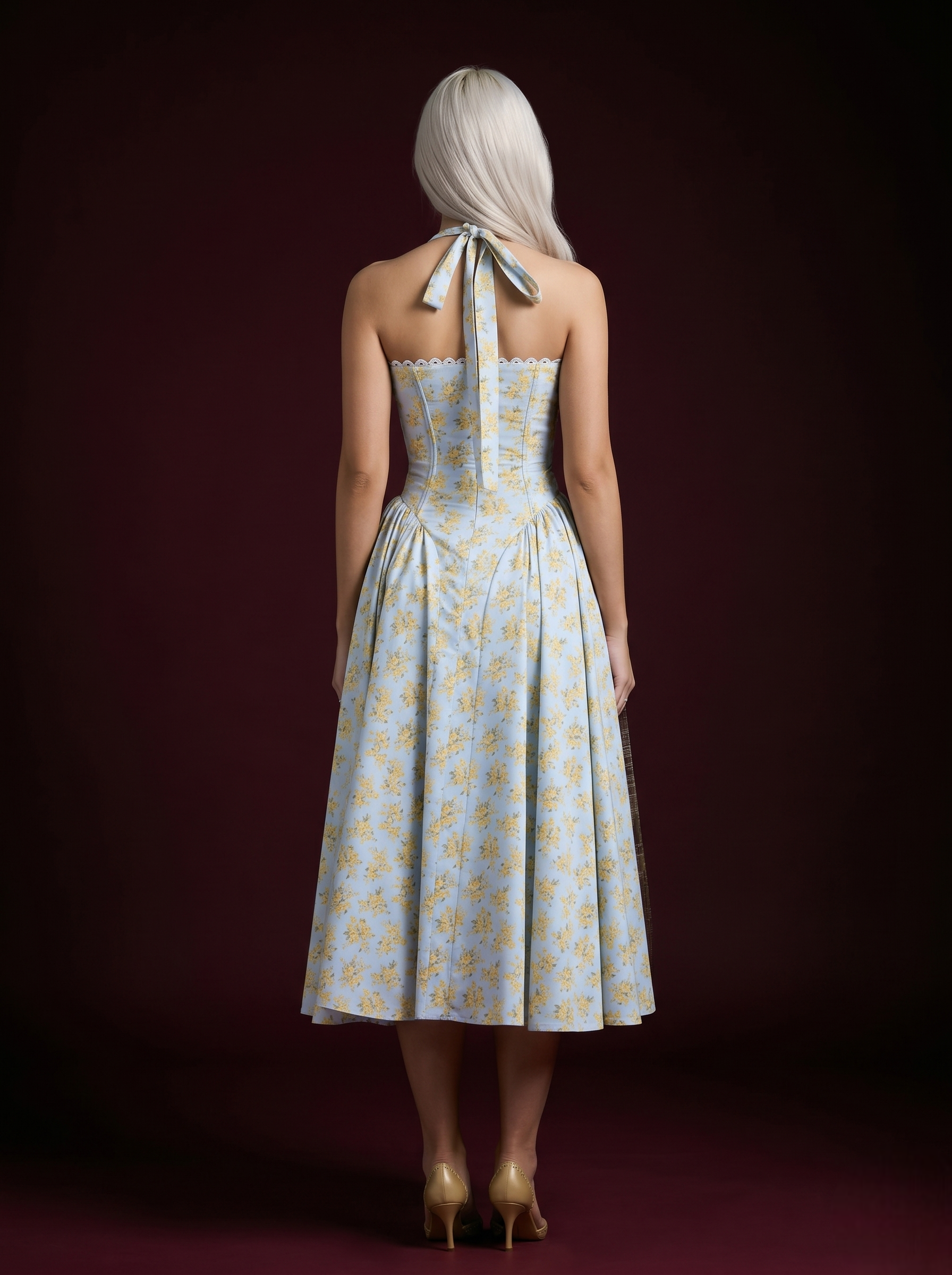 Baby Blue Yellow Floral Halter Corset Lace-Trim Midi Dress