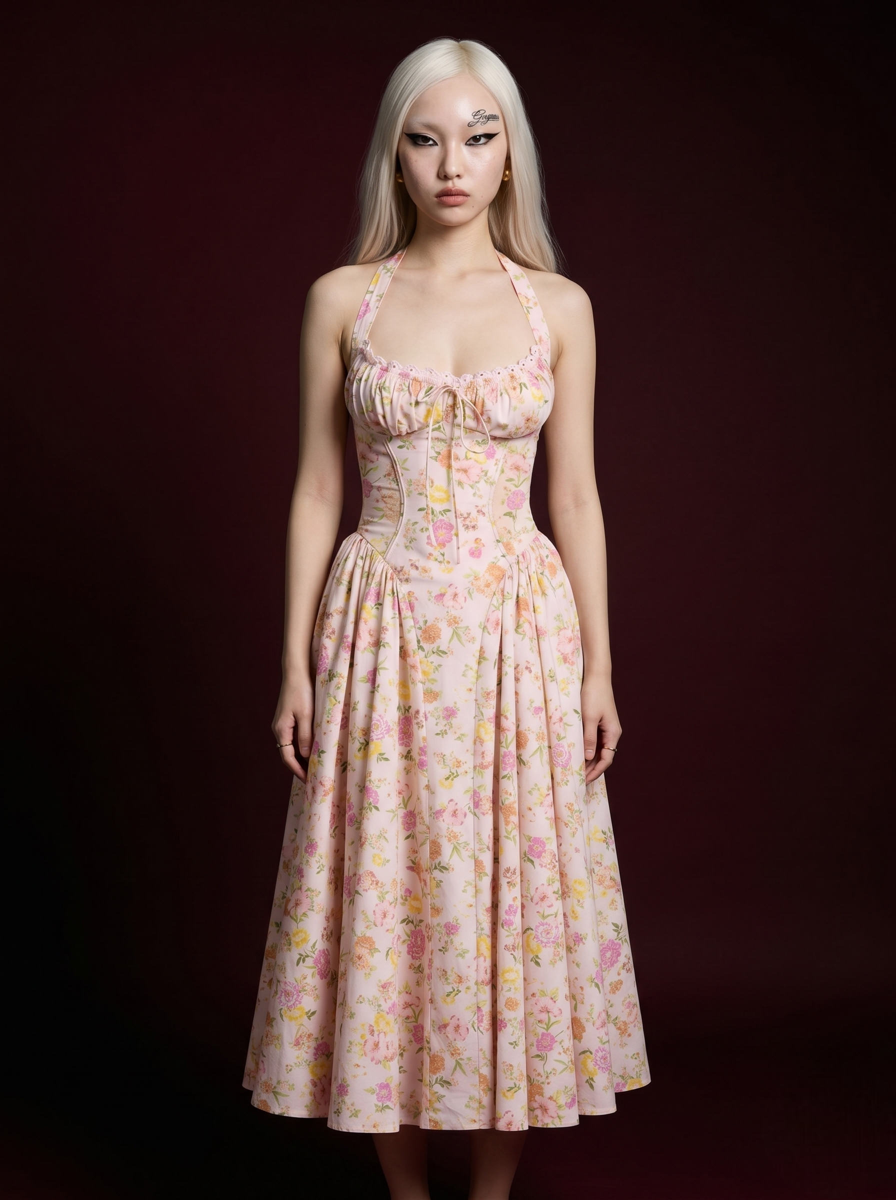 Blush Pink Mixed Floral Halter Corset Midi Dress