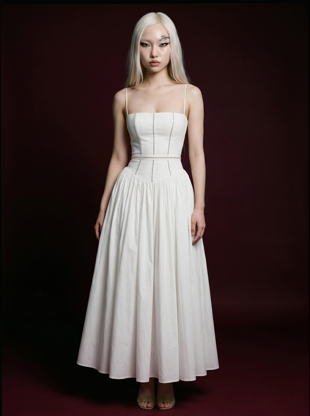 White Rhinestone Seam Spaghetti Strap Square Neck Corset Pleated Maxi Dress