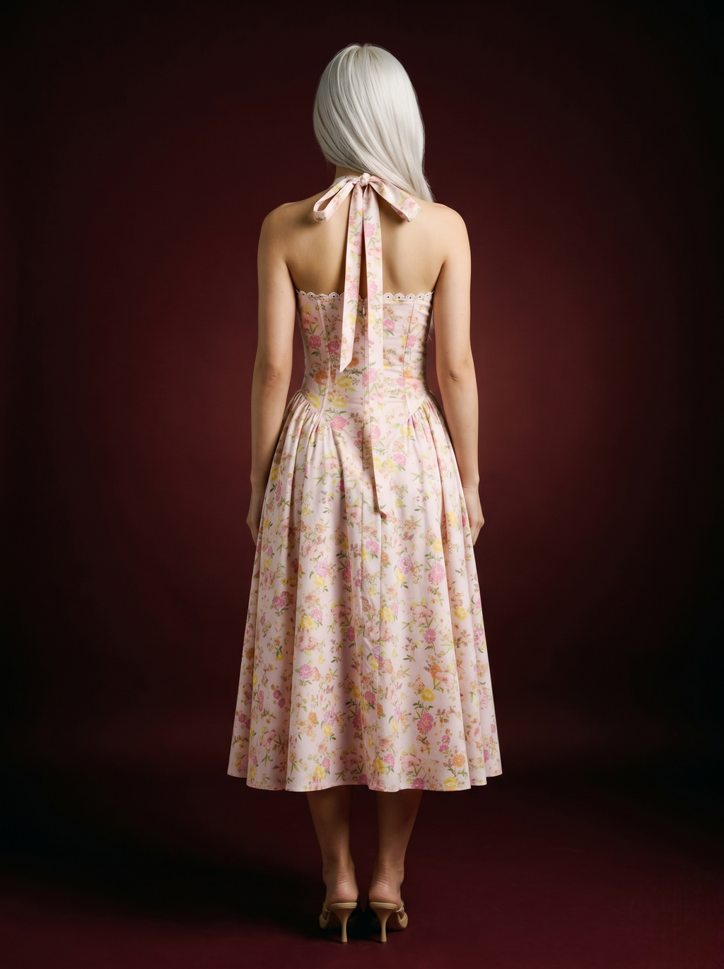 Blush Pink Mixed Floral Halter Corset Midi Dress