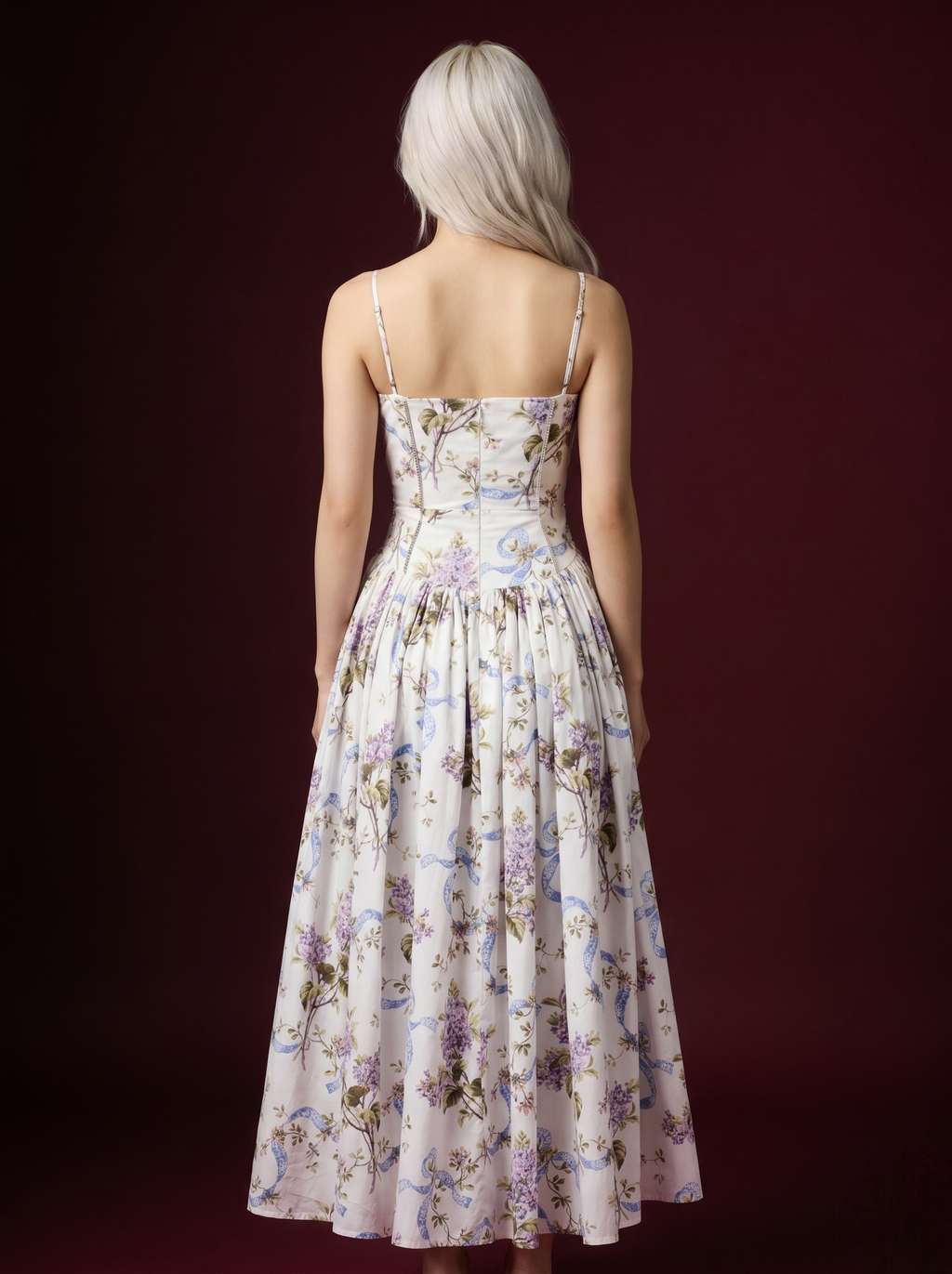 Baby Blue Yellow Rose Ribbon Print Spaghetti Strap Corset Pleated Midi Dress