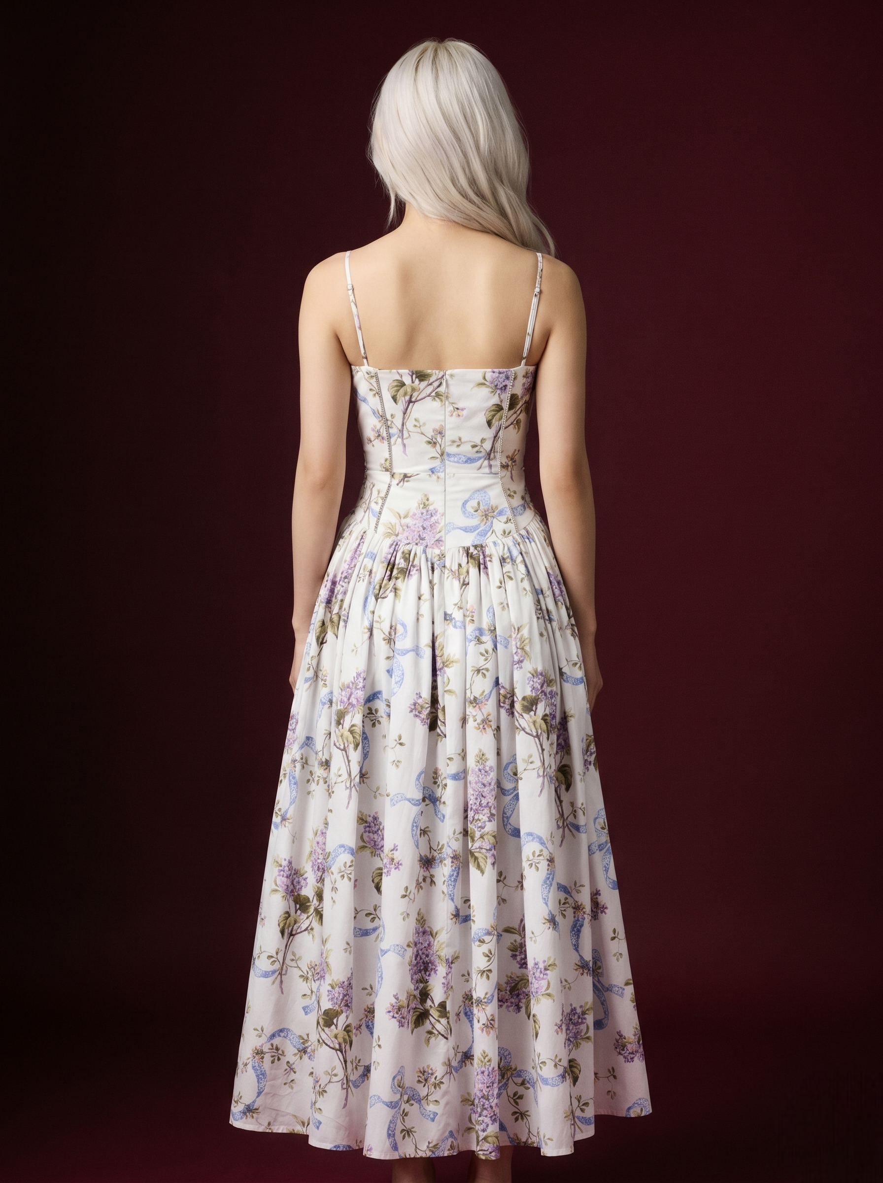 Baby Blue Yellow Rose Ribbon Print Spaghetti Strap Corset Pleated Midi Dress