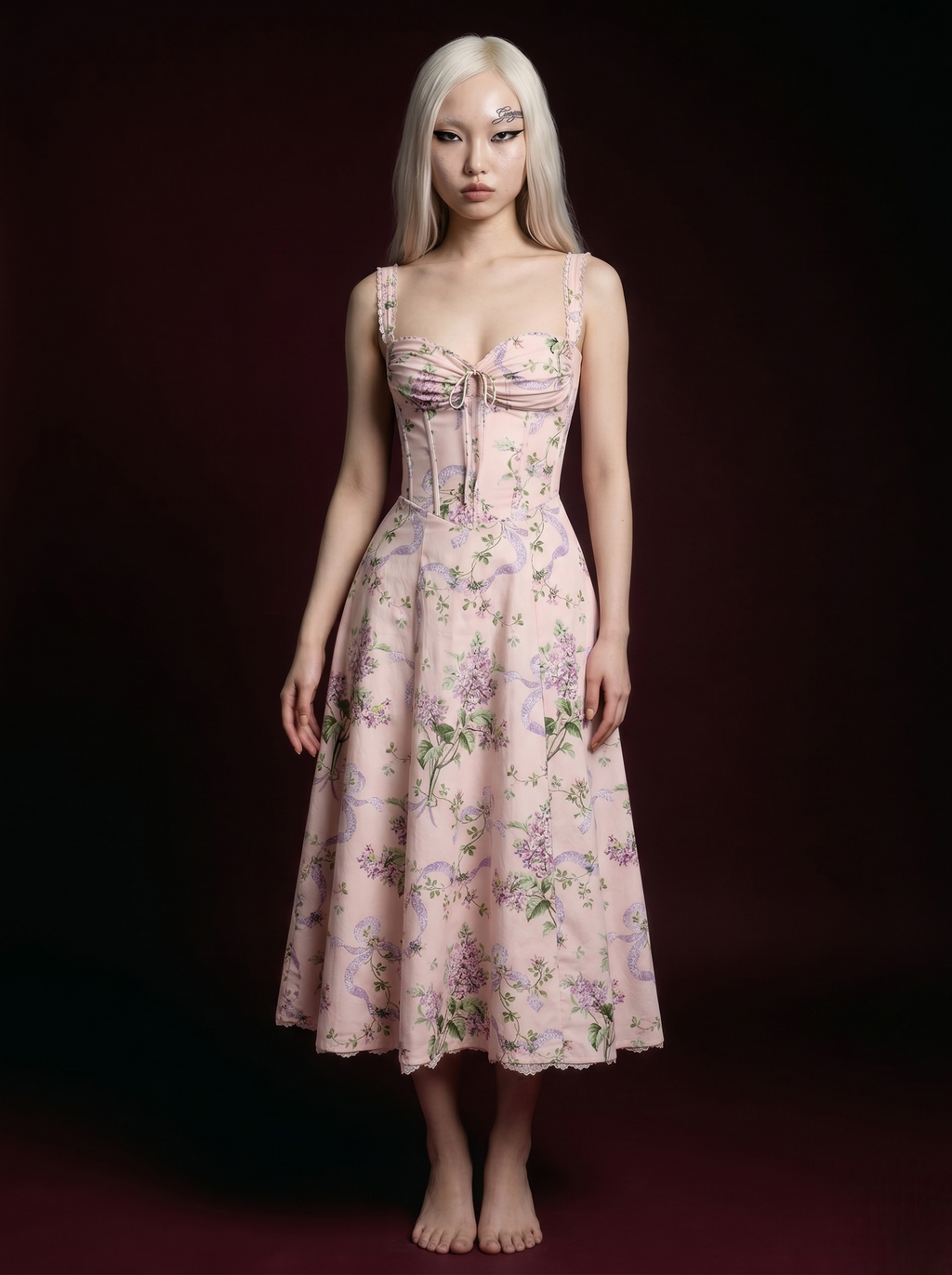 Blush Pink Lilac Floral Ribbon Print Corset Lace-Hem Midi Dress
