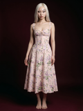 Blush Pink Lilac Floral Ribbon Print Corset Lace-Hem Midi Dress