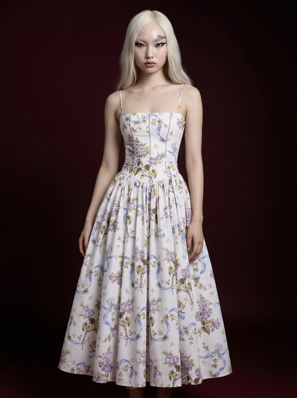 Baby Blue Yellow Rose Ribbon Print Spaghetti Strap Corset Pleated Midi Dress