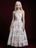 Baby Blue Yellow Rose Ribbon Print Spaghetti Strap Corset Pleated Midi Dress