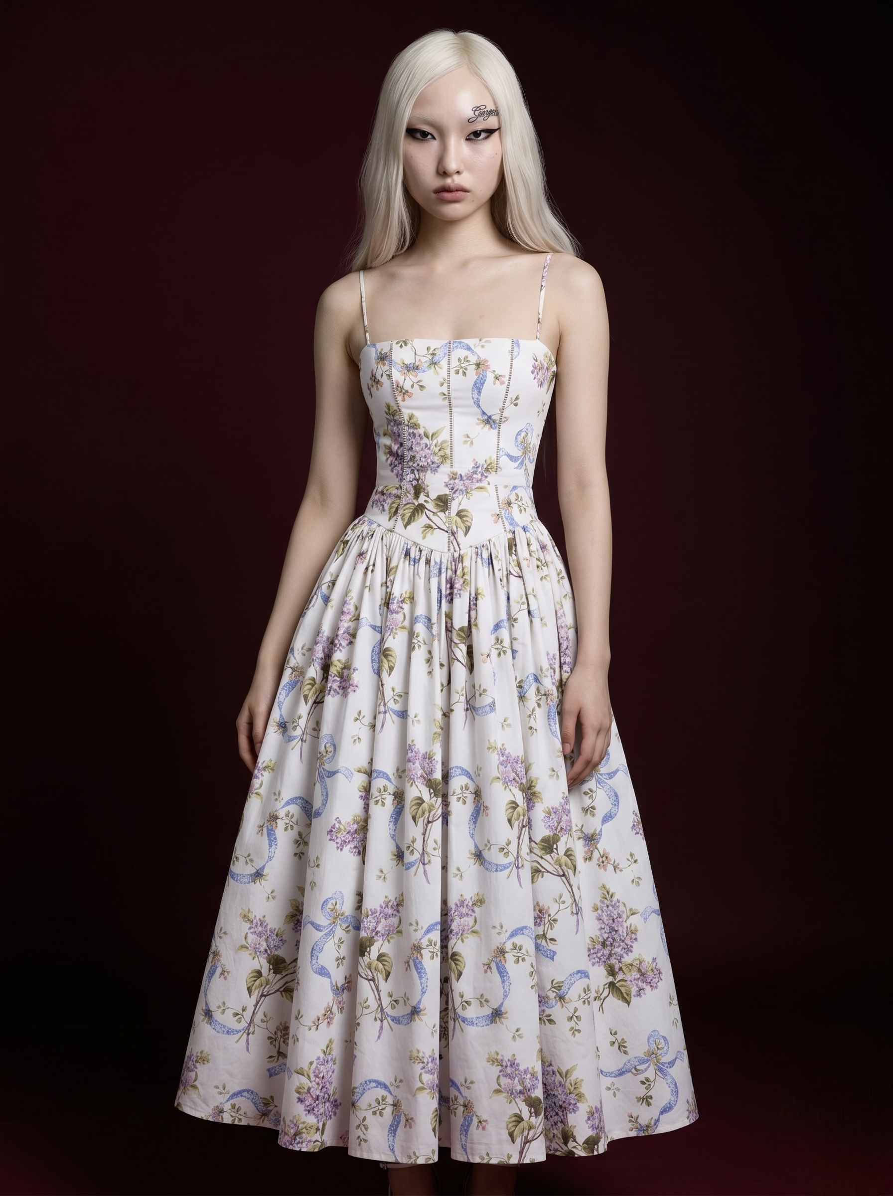 Baby Blue Yellow Rose Ribbon Print Spaghetti Strap Corset Pleated Midi Dress