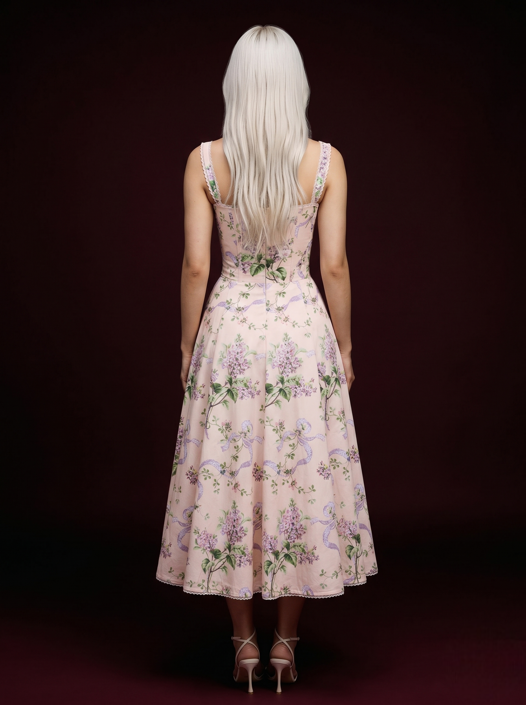 Blush Pink Lilac Floral Ribbon Print Corset Lace-Hem Midi Dress