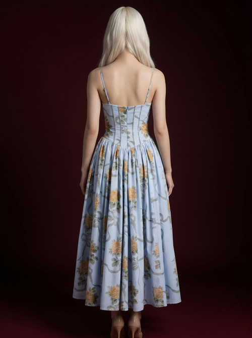 Baby Blue Yellow Rose Ribbon Print Spaghetti Strap Corset Pleated Midi Dress