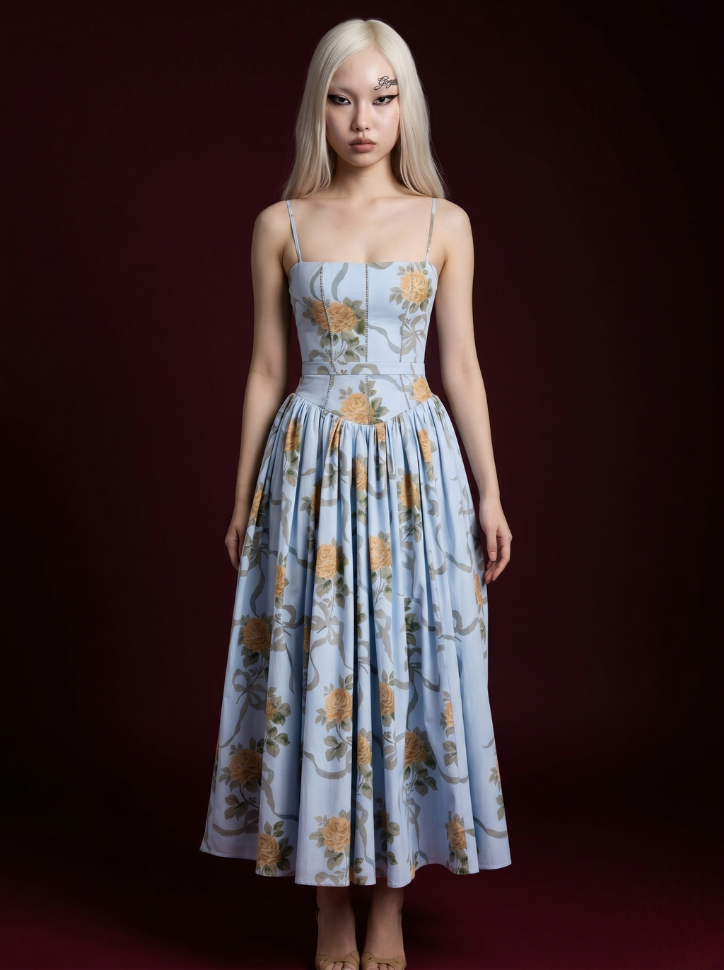 Baby Blue Yellow Rose Ribbon Print Spaghetti Strap Corset Pleated Midi Dress