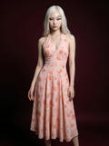 Peach Orange Rose Print Deep V Halter Flared Midi Dress