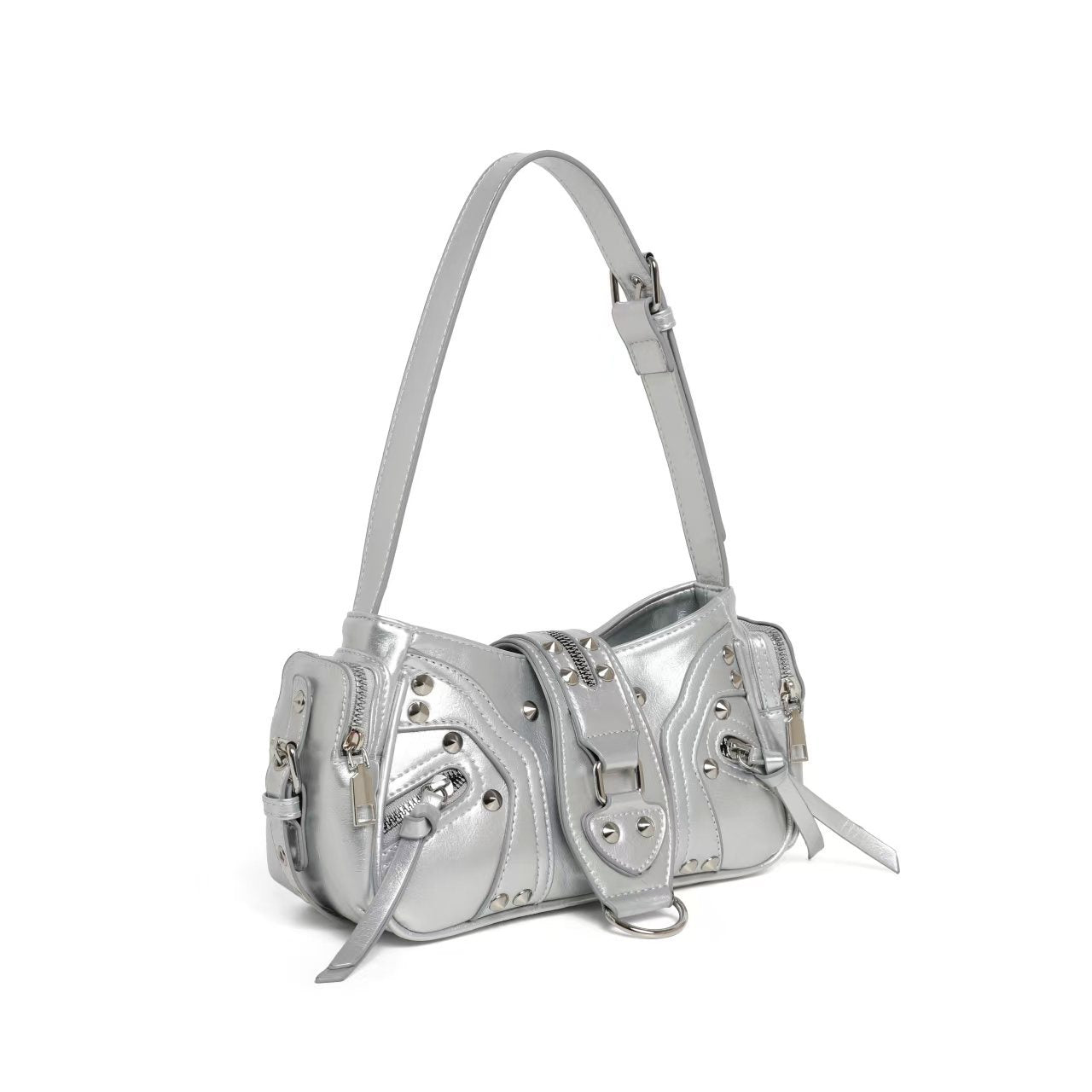 Silver Metallic Moto Biker Shoulder Bag with Multi-Zip & Stud Detail