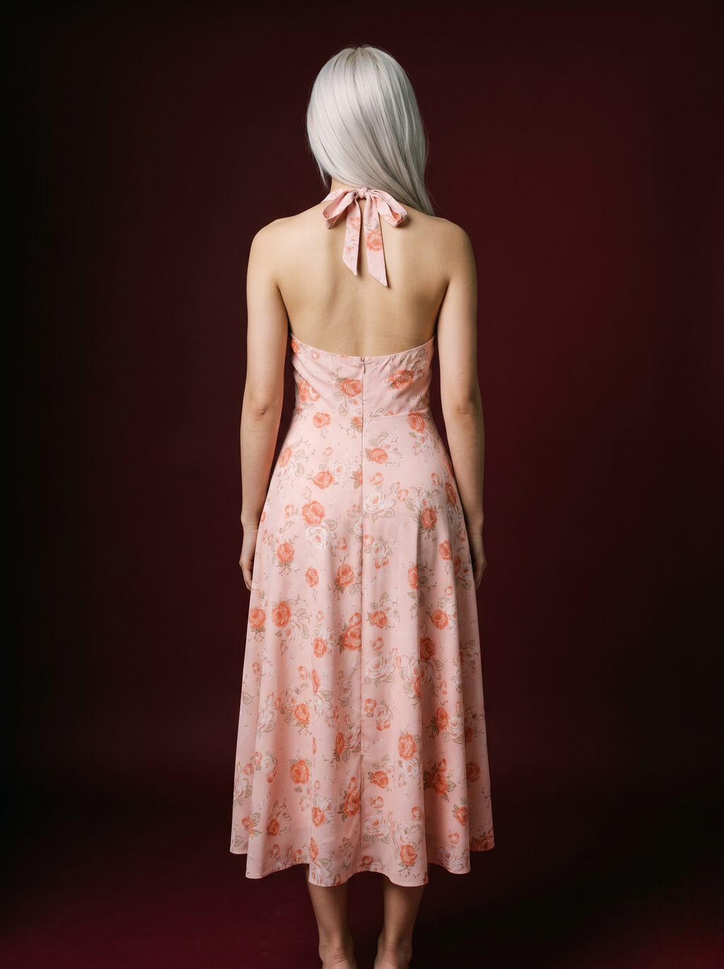Peach Orange Rose Print Deep V Halter Flared Midi Dress