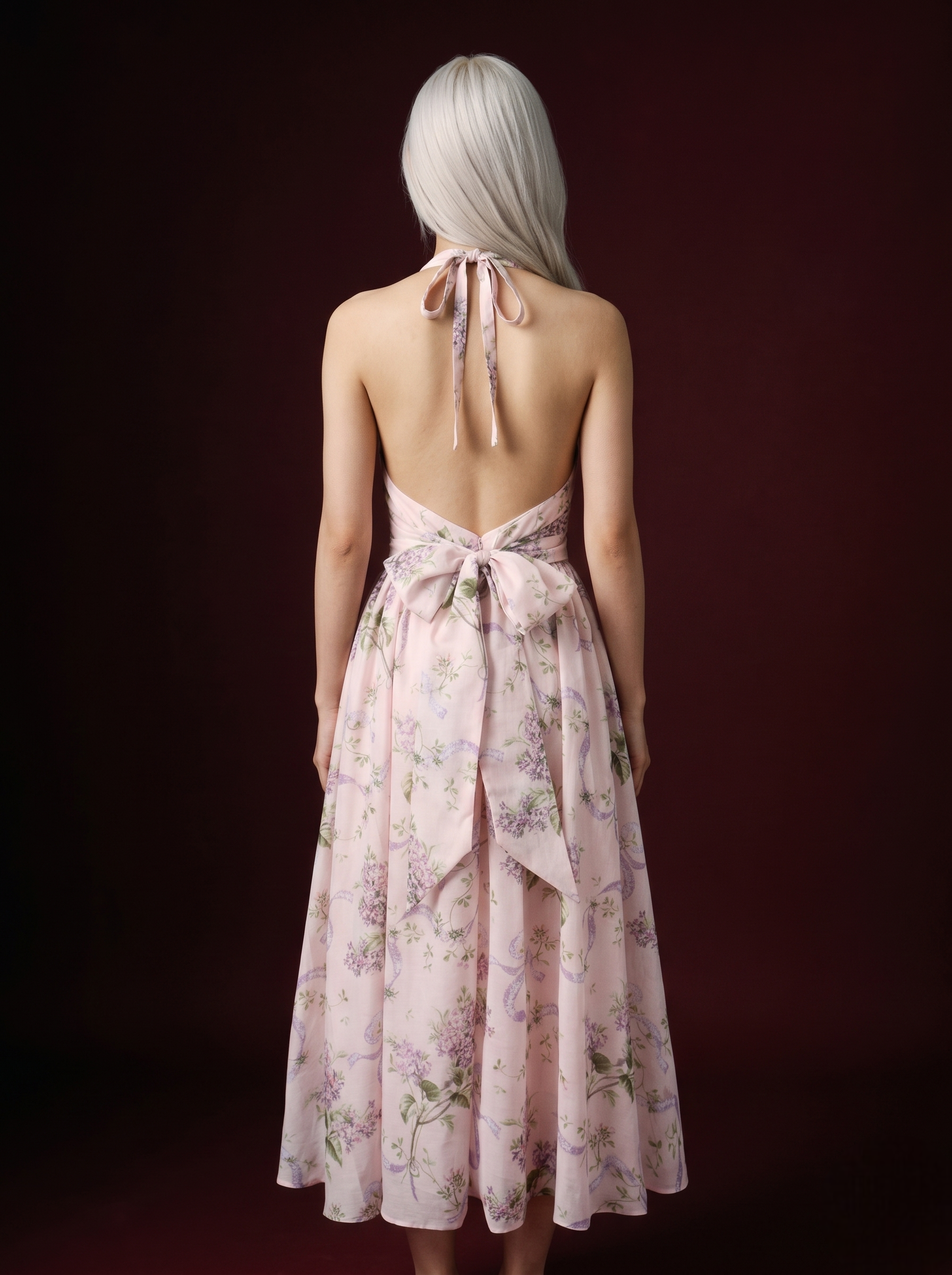 Blush Pink Lilac Floral Ribbon Print Halter Corset Flared Midi Dress
