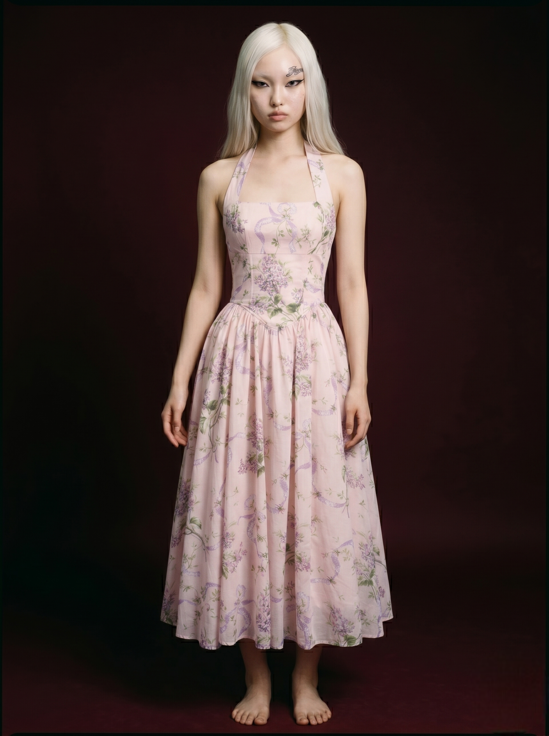 Blush Pink Lilac Floral Ribbon Print Halter Corset Flared Midi Dress