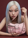 Baby Pink Mini Shoulder Bag with Star Studs, Draped Chains & Heart Ring Detail