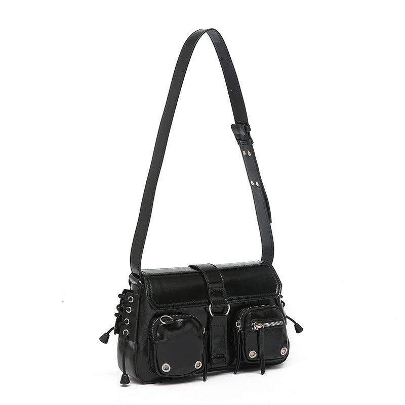 Black Patent Multi-Pocket Flap Shoulder Bag with Lace-Up Sides & Eyelet Detail