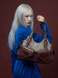Stone Grey Canvas & Burgundy Leather Multi-Pocket Shoulder Bag with Contrast Stitching