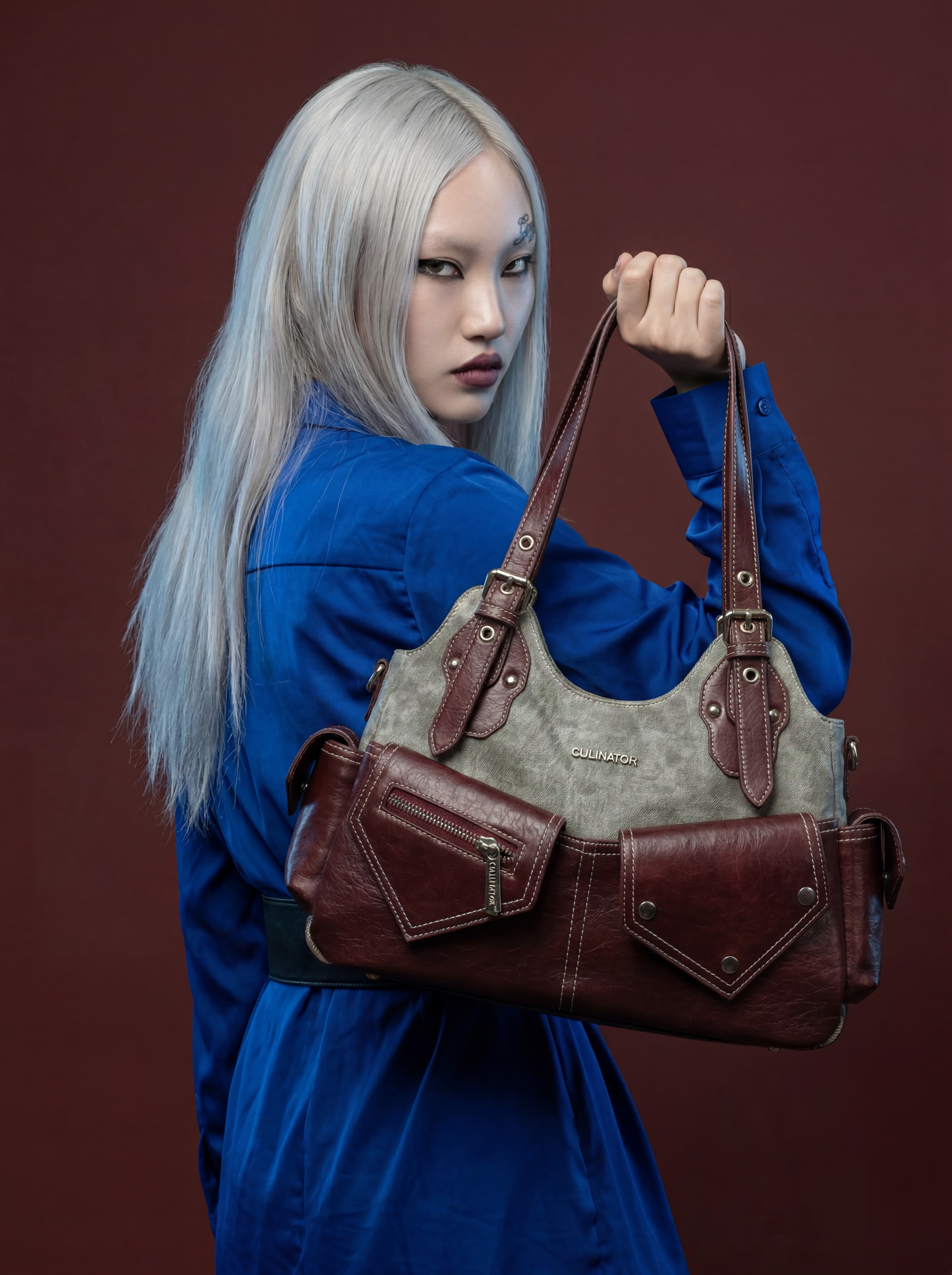 Stone Grey Canvas & Burgundy Leather Multi-Pocket Shoulder Bag with Contrast Stitching