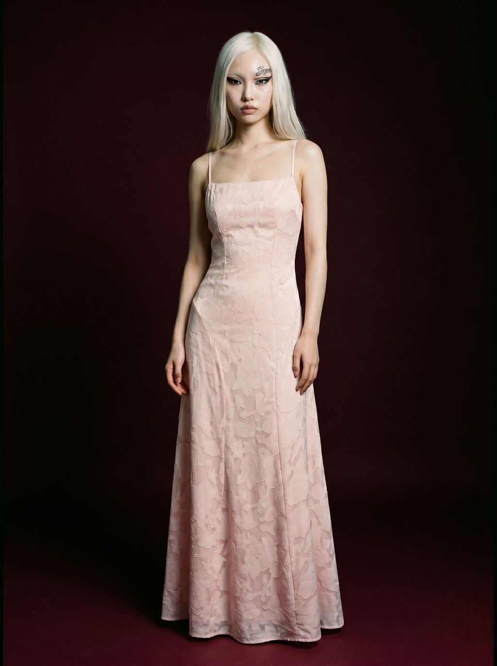 Blush Pink Floral Jacquard Spaghetti Strap Square Neck Maxi Dress