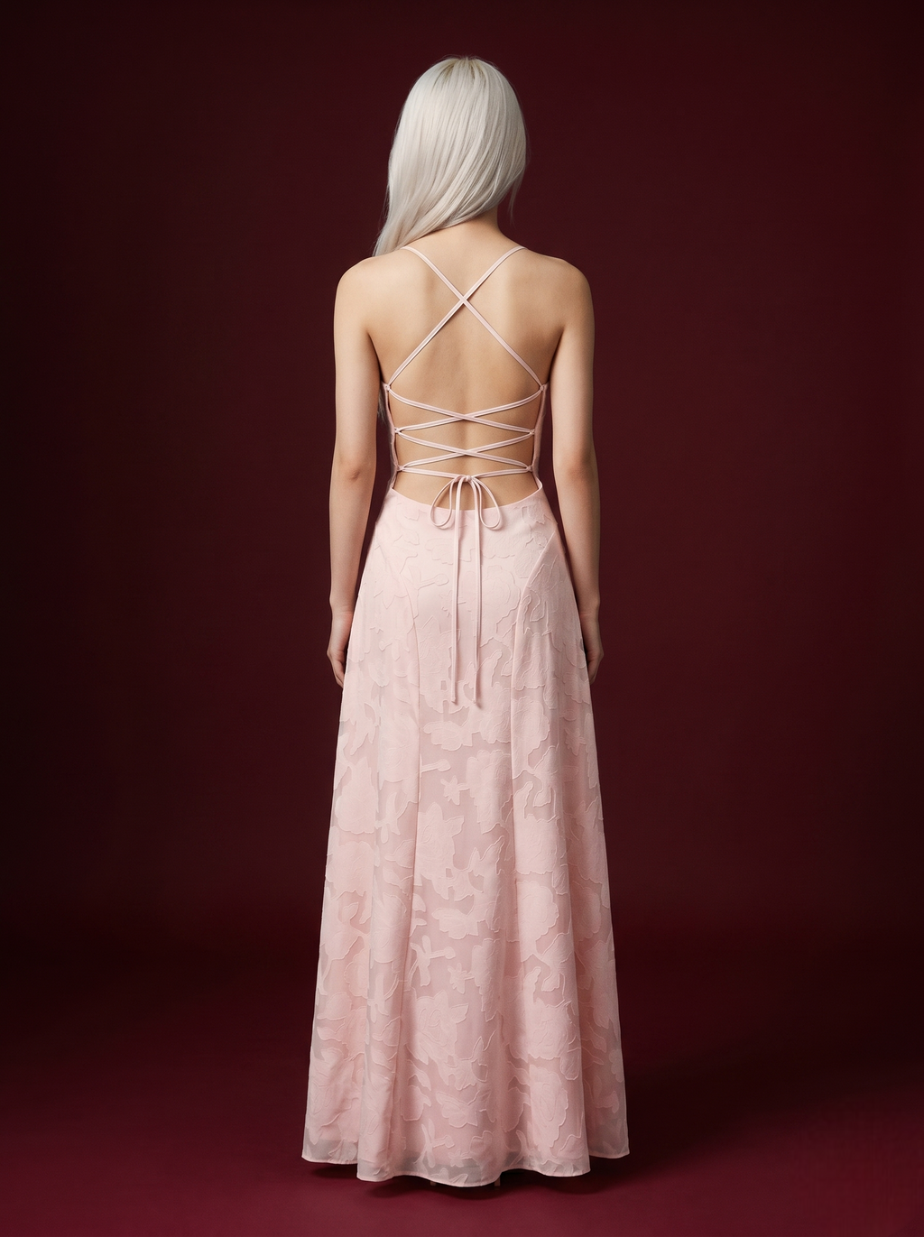 Blush Pink Floral Jacquard Spaghetti Strap Square Neck Maxi Dress