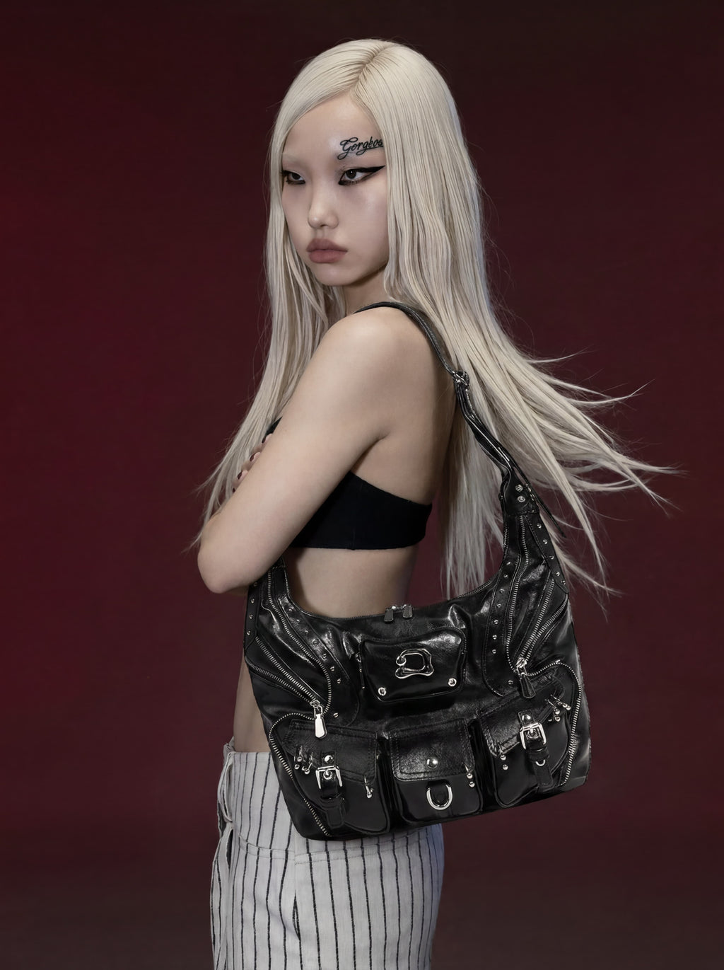 Black Distressed Leather Oversized Multi-Pocket Moto Shoulder Bag with Studs & Buckles