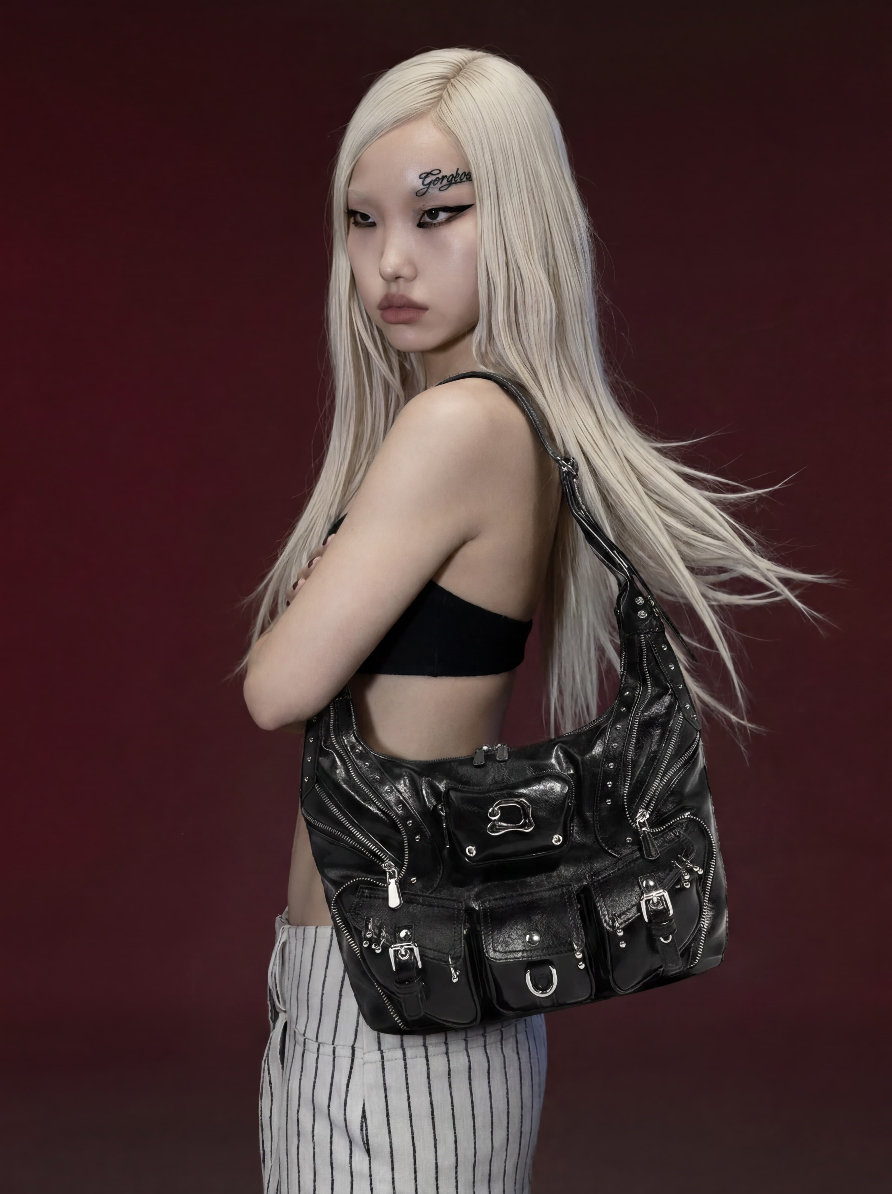 Black Distressed Leather Oversized Multi-Pocket Moto Shoulder Bag with Studs & Buckles