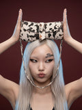 White & Black Cow Print Mini Flap Crossbody Bag with Snake Print Strap & Silver Studs