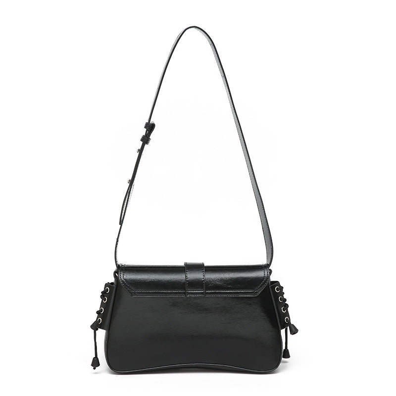 Black Patent Multi-Pocket Flap Shoulder Bag with Lace-Up Sides & Eyelet Detail