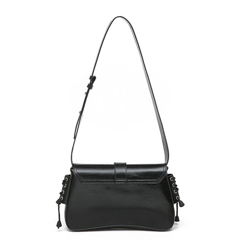 Black Patent Multi-Pocket Flap Shoulder Bag with Lace-Up Sides & Eyelet Detail