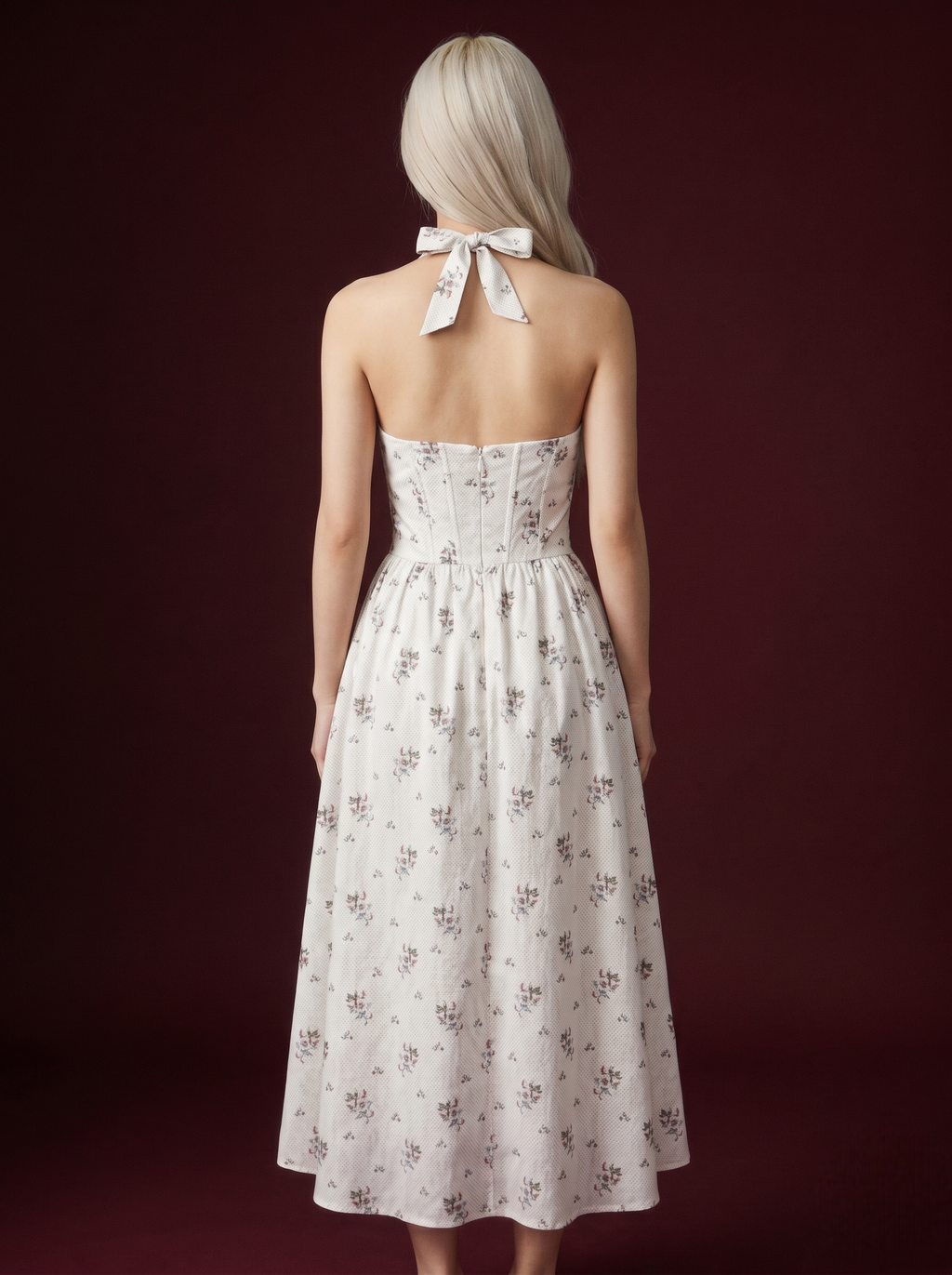 Ivory Ditsy Floral Polka Dot Halter Lace-Up Corset Midi Dress
