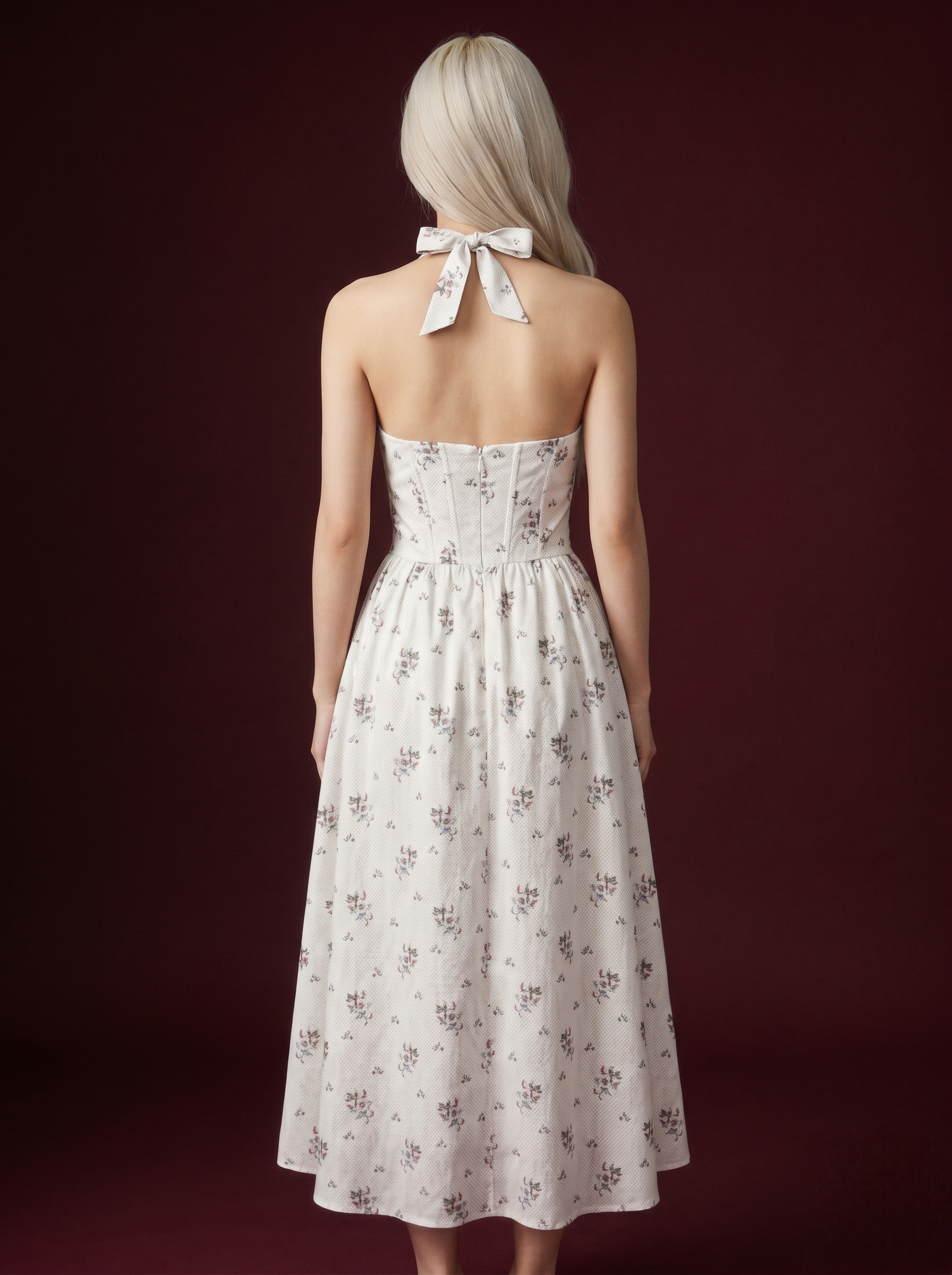Ivory Ditsy Floral Polka Dot Halter Lace-Up Corset Midi Dress