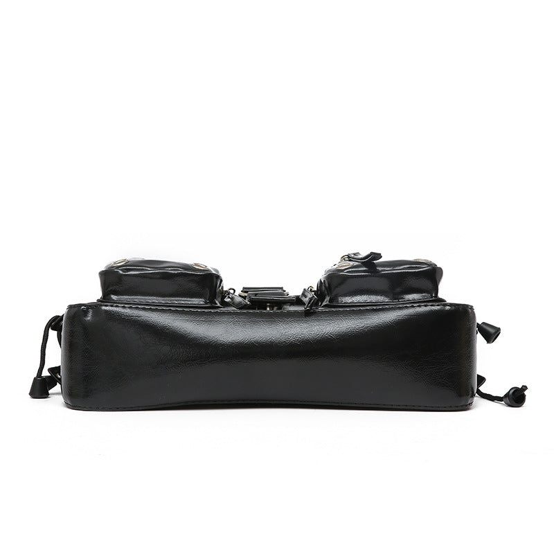 Black Patent Multi-Pocket Flap Shoulder Bag with Lace-Up Sides & Eyelet Detail