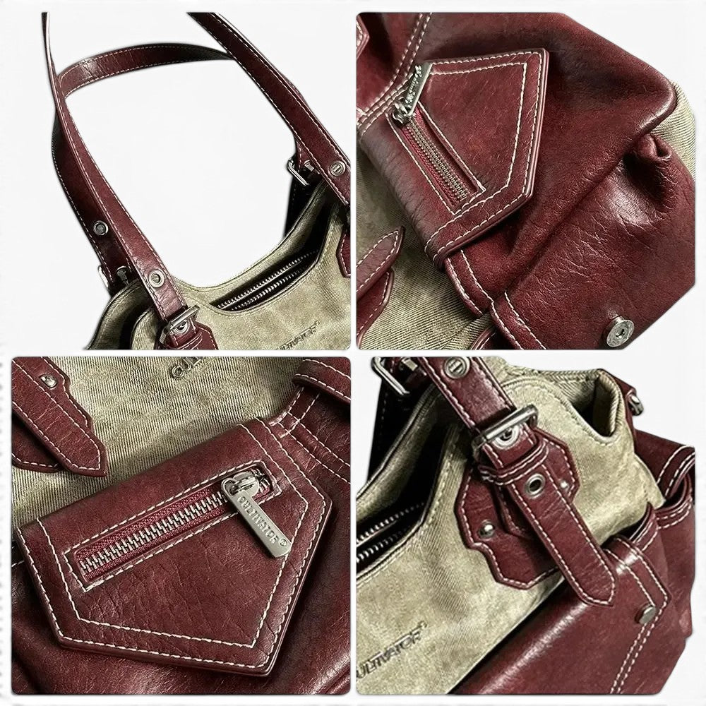 Stone Grey Canvas & Burgundy Leather Multi-Pocket Shoulder Bag with Contrast Stitching
