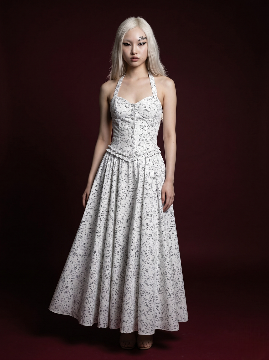 White Polka Dot Halter Button-Up Ruffle Waist Maxi Dress