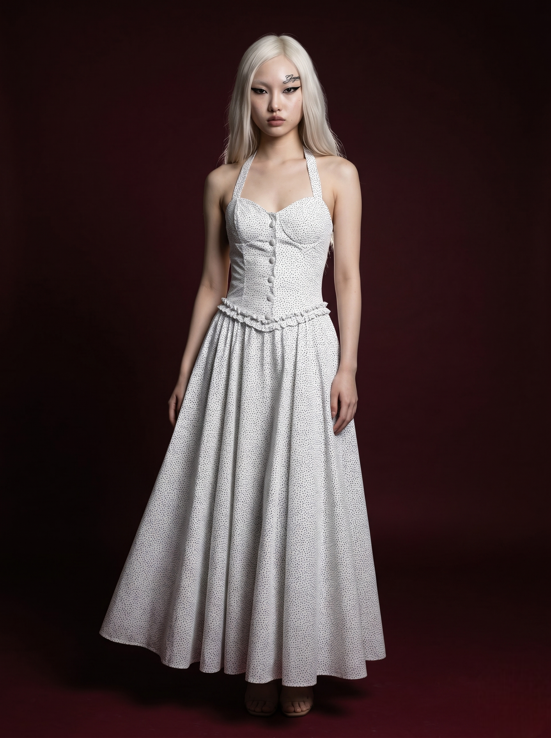 White Polka Dot Halter Button-Up Ruffle Waist Maxi Dress