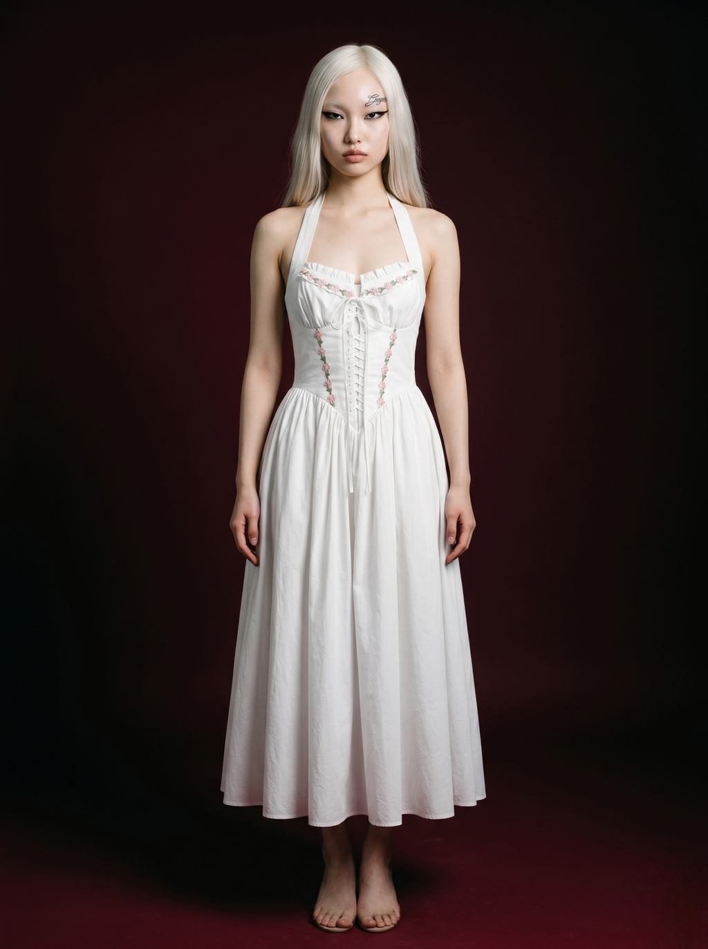 White Halter Lace-Up Corset Floral Embroidered Midi Dress