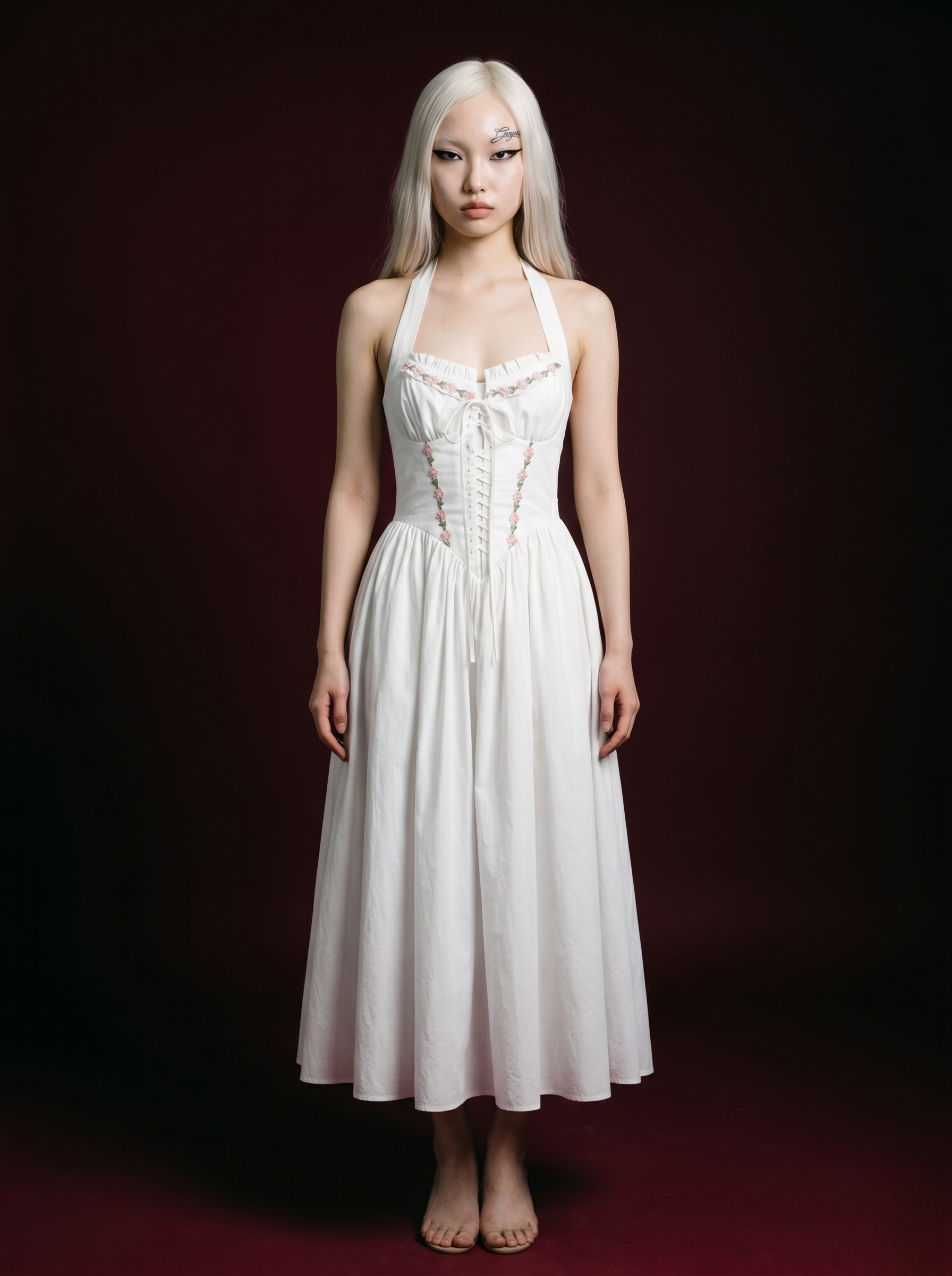 White Halter Lace-Up Corset Floral Embroidered Midi Dress